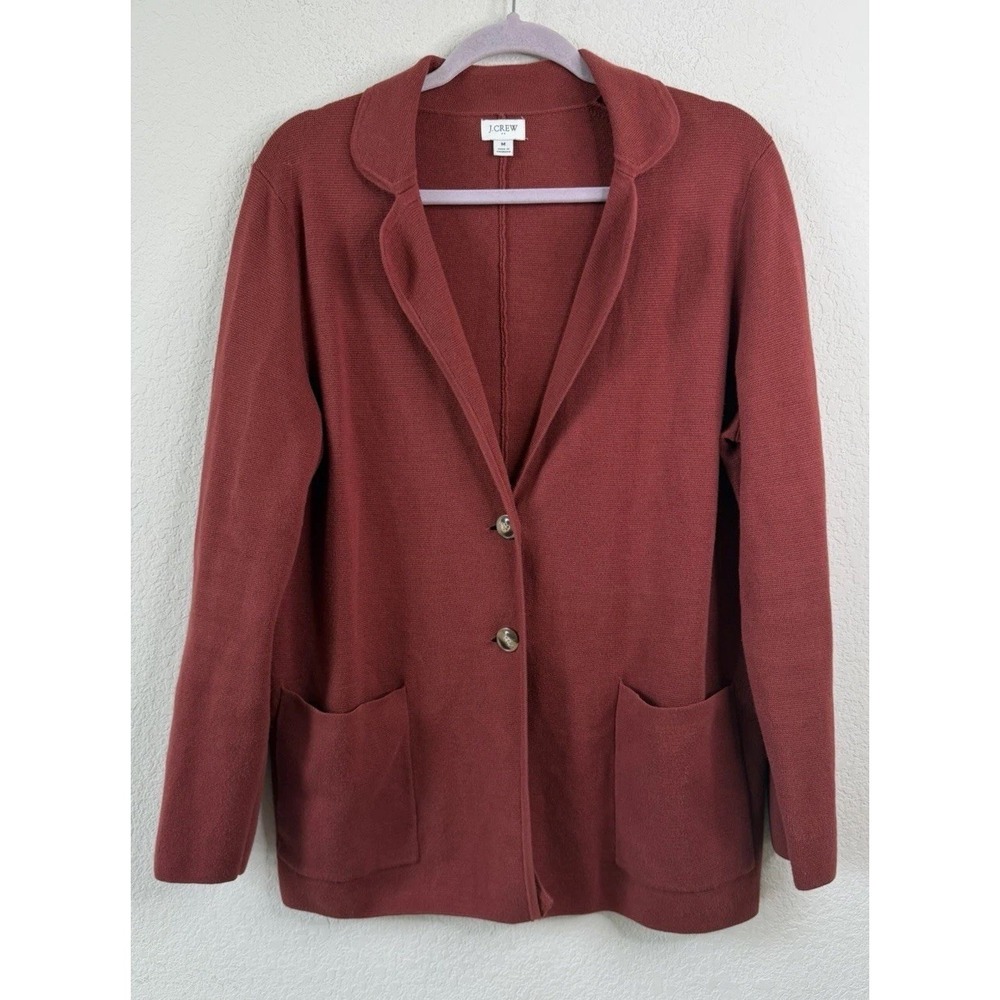 J.Crew Sophie Knit Blazer Cardigan M Red Rust Cotton Button Front Preppy Layers
